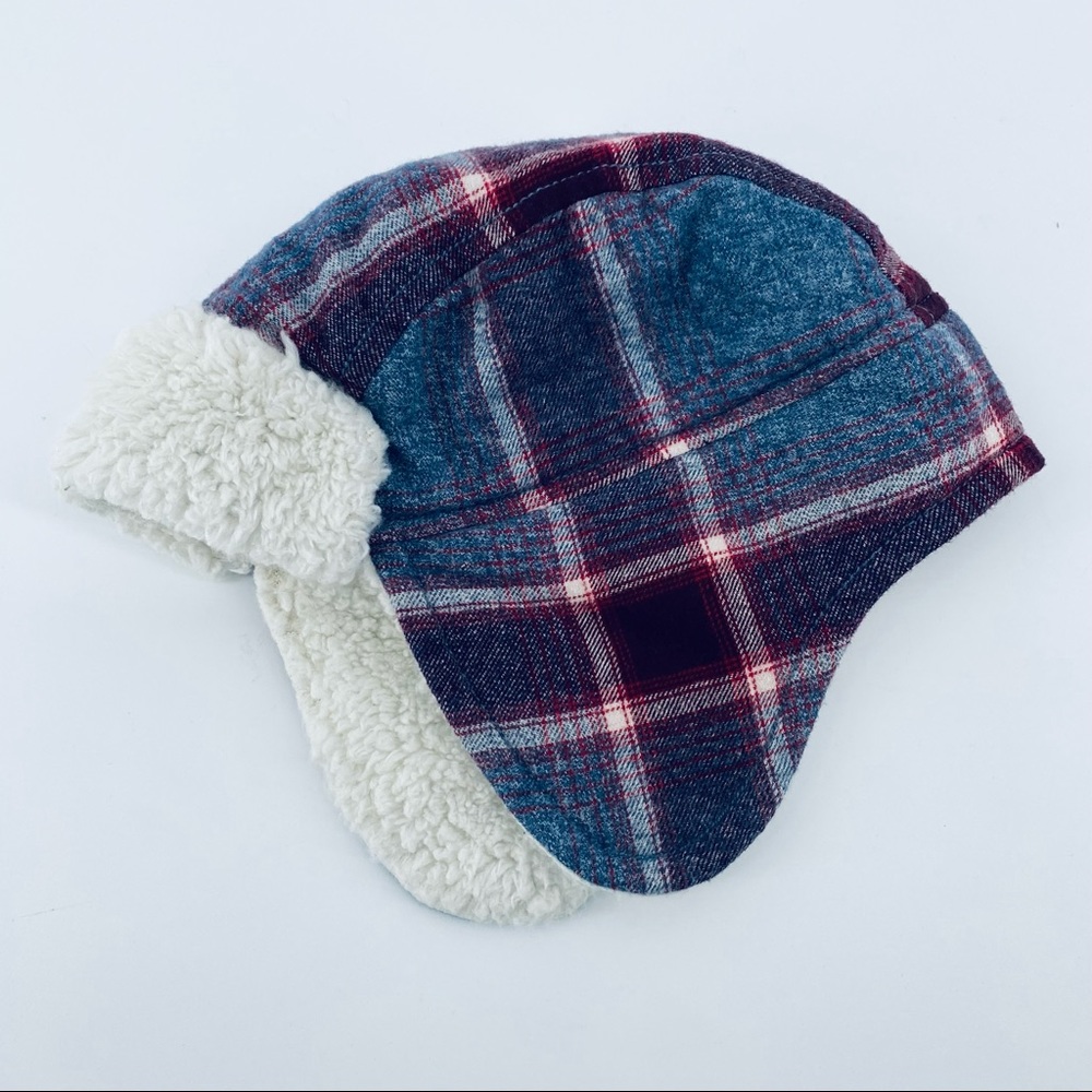 Tucker + Tate Fur Flapper Hat Plaid Maroon & Blue Size 2-4 Years 100% Cotton